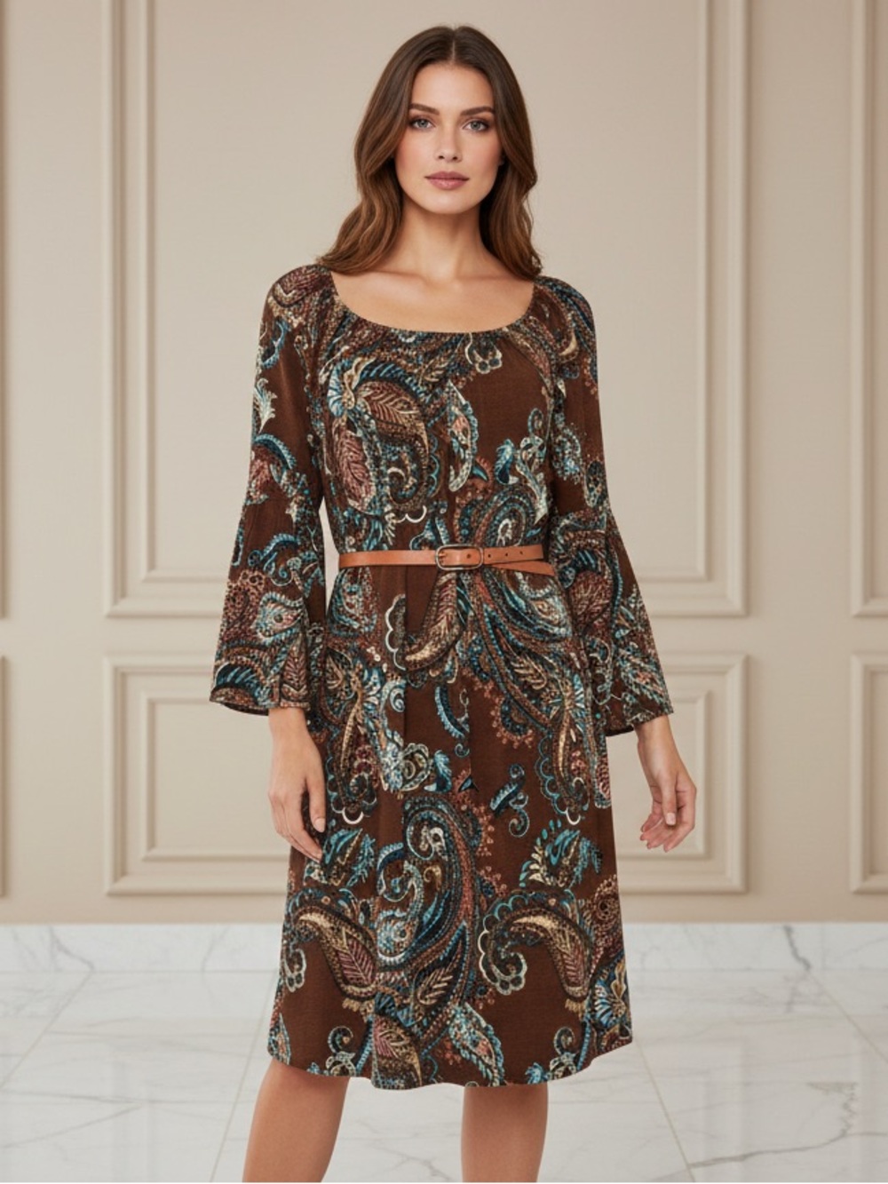 Dear Scarlett Beautiful Paisley Print Long Sleeve Dress in Rich Fall Tones